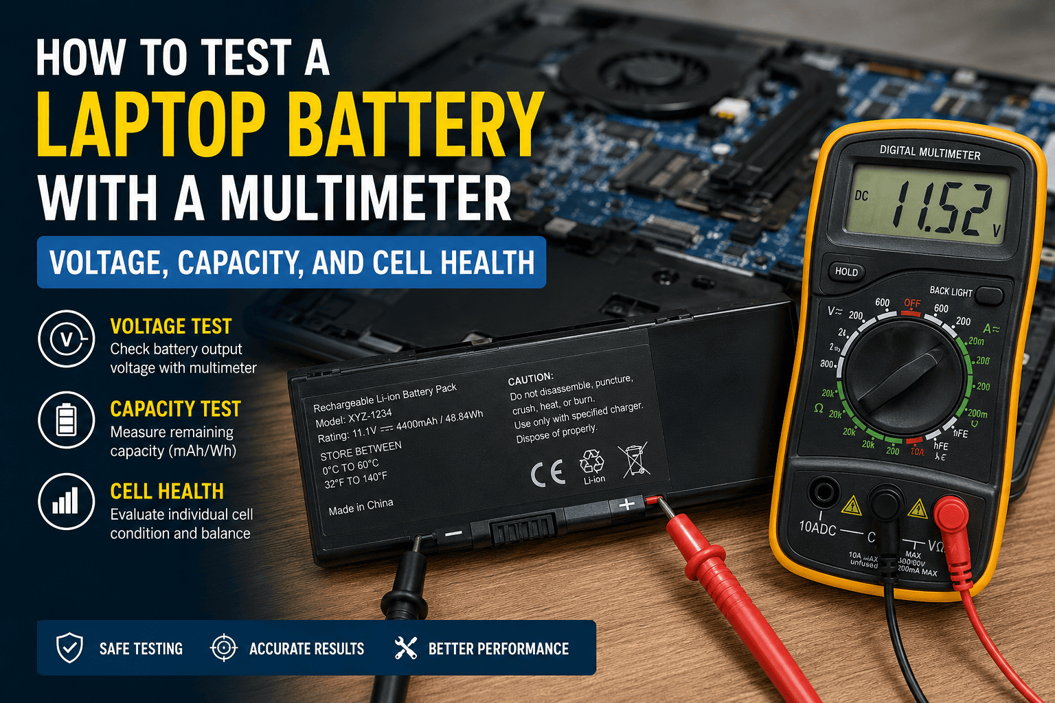Laptop Battery with a Multimeter – Voltage, Capacity, and Cell Health