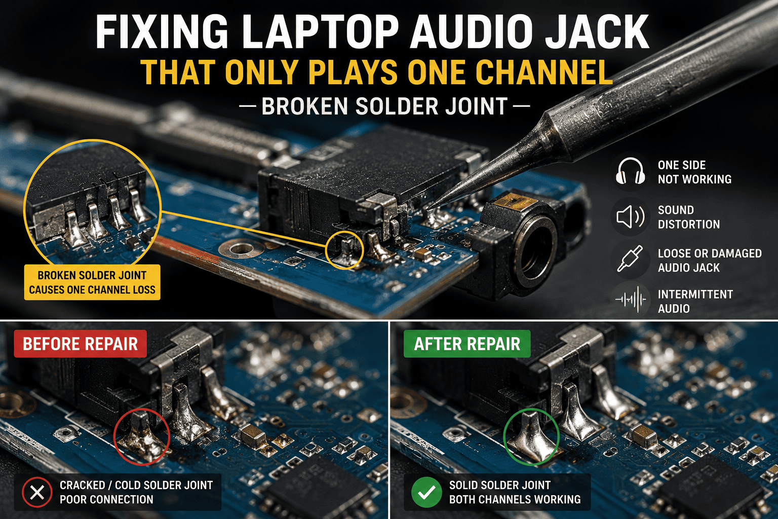 Fixing Laptop Audio Jack That Only Plays One Channel – Broken Solder Joint 