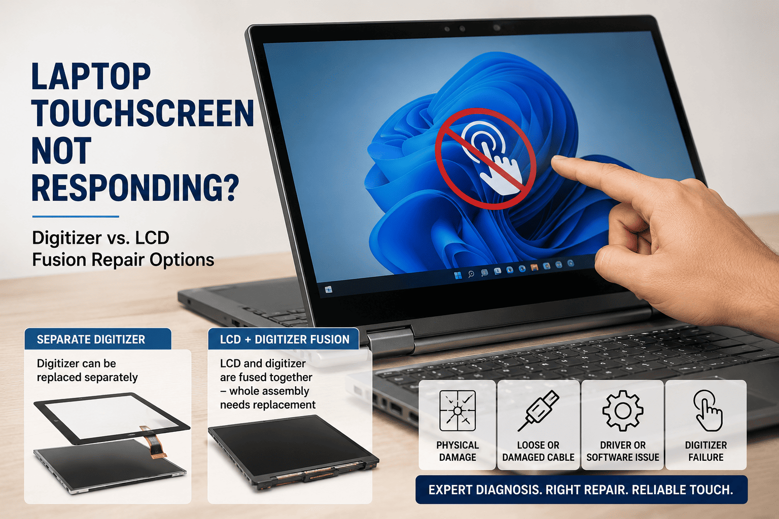 Laptop Touchscreen Not Responding? Digitizer vs. LCD Fusion Repair Options 