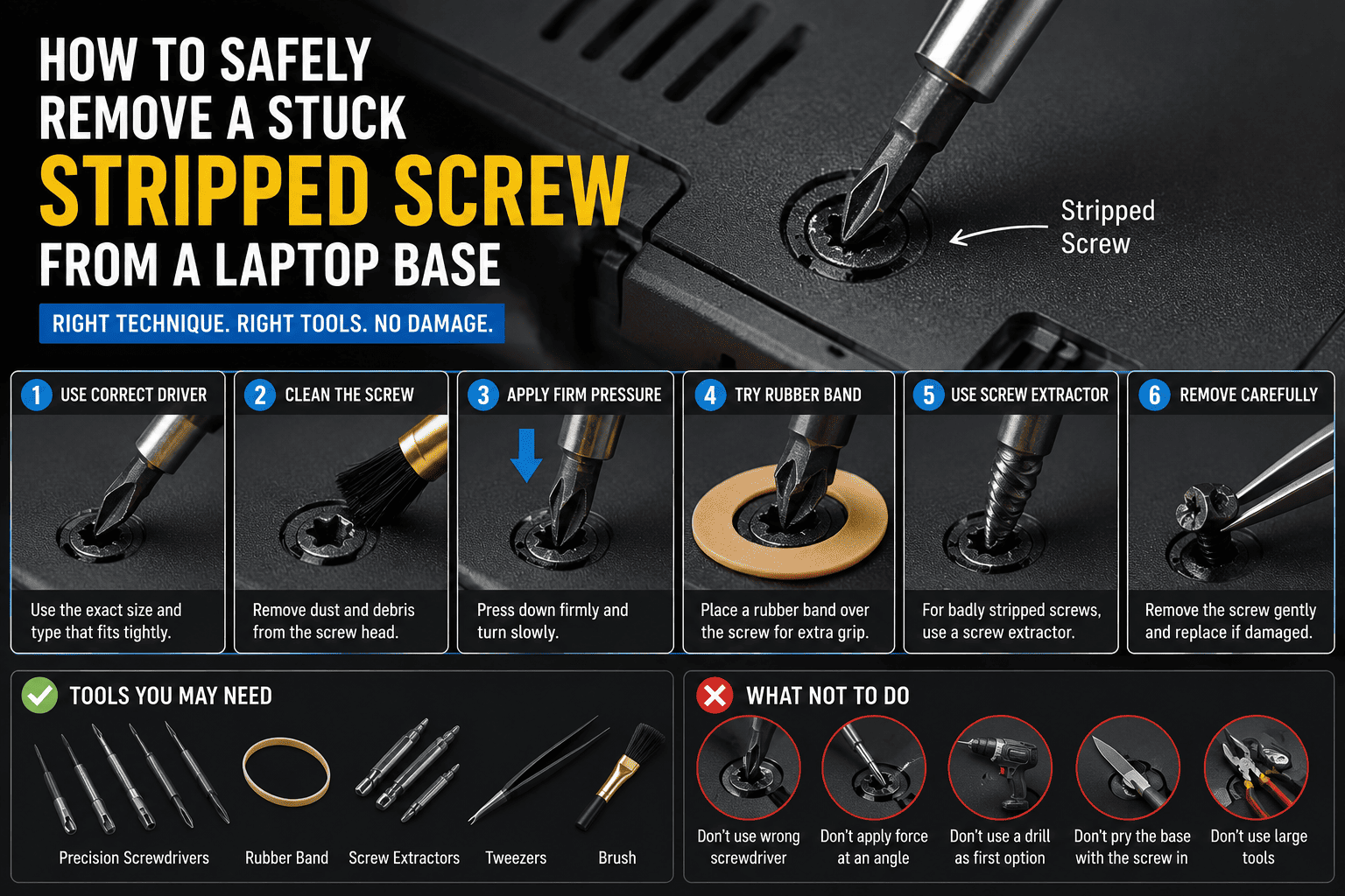 How to Safely Remove a Stuck Stripped Screw from a Laptop Base 